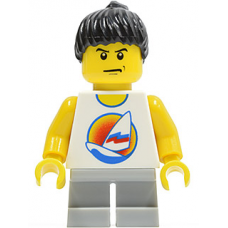 twn087 Surfboard on Ocean - Light Bluish Gray Short Legs, Black Ponytail Hair (10196) 